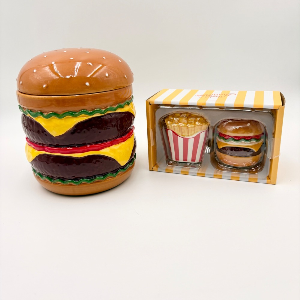 Shades of Summer Hamburger Cookie Jar and Burger Fries Salt Pepper Shaker Set